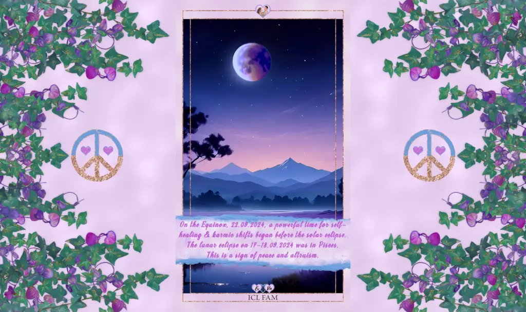Illustration der wichtigsten astrologischen Ereignisse im September 2024. Mit der Mondfinsternis in den Fischen am 17. und 18. September, die Frieden und Altruismus symbolisiert, und ihrer Verbindung zum Internationalen Tag des Friedens am 21. September. Der Text hebt den starken Einfluss des Jungfrau-Neumonds (3./4. September) und der Sonnenfinsternis in der Waage (2./3. Oktober) hervor, die eine Periode der Selbstheilung, der karmischen Verschiebungen und der kosmischen Transformation markieren. Rückläufige Planeten - Saturn, Neptun, Uranus - fördern die Erneuerung in materiellen, spirituellen und mentalen Aspekten. Eine transformative Zeit, die die Intuition der Fische mit der Harmonie der Waage verbindet.