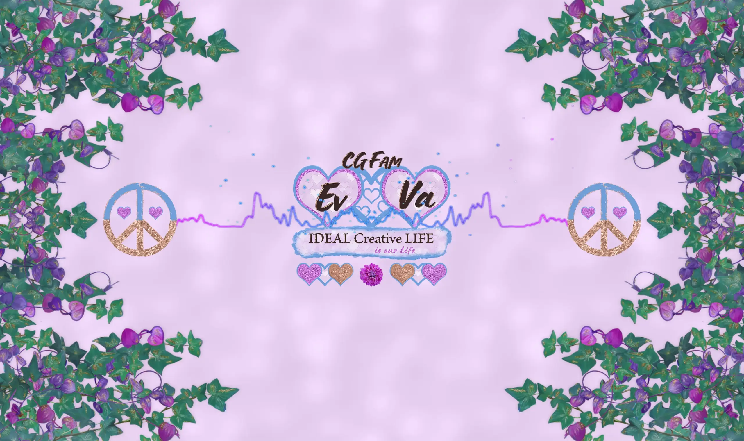 EvVa CGFam Markenhintergrund mit floralen Rändern, Friedenssymbolen und zentraler Logo-Komposition als Ausdruck der Peace and Love Slow Art Fashion Kollektion.