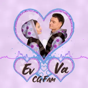 EvVa CGFam logo with a heart-shaped design featuring Evgenia and Valerius, symbolizing love, creative partnership and a fashion, art and music brand.