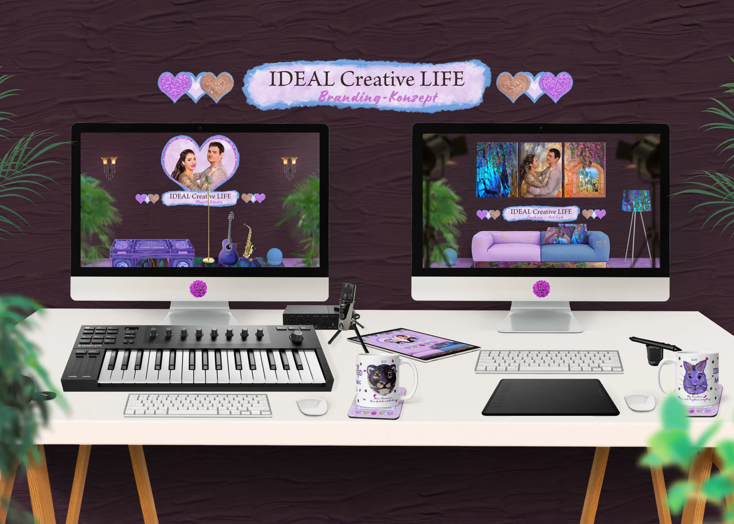 IDEAL Creative LIFE Branding Konzept Raum mit digitalen Arbeitsplätzen, Design-Tools, Musik-Equipment und kreativer Studioatmosphäre als Symbol für Markenstrategie und die Entwicklung visueller Identität.