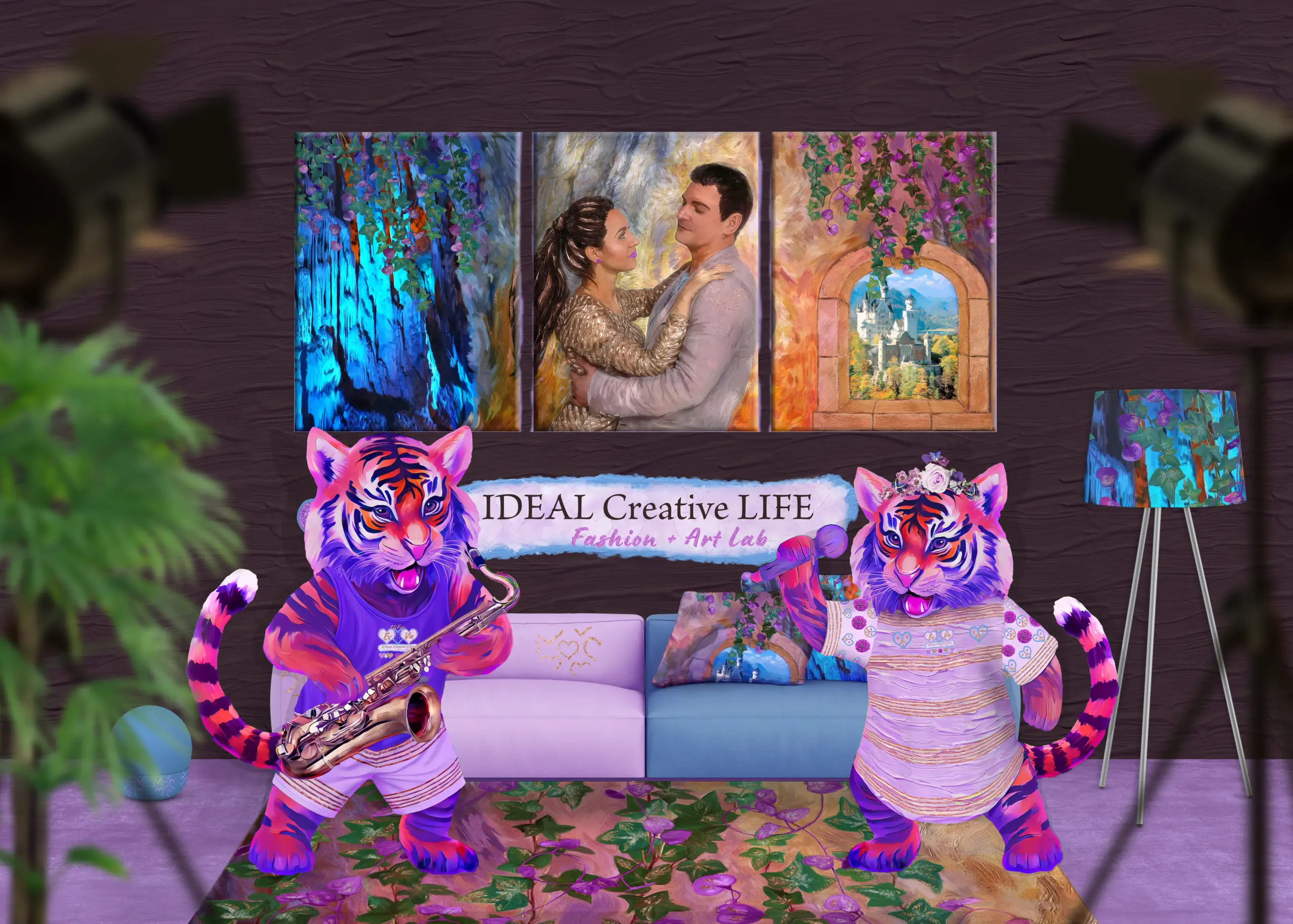 IDEAL Creative LIFE Fashion + Art Lab Raum mit künstlerischem Interior, Gemälden, dekorativem Sofa und Tiger-Totemfiguren als Symbol für Mode, Kunst und kreativen Lifestyle.