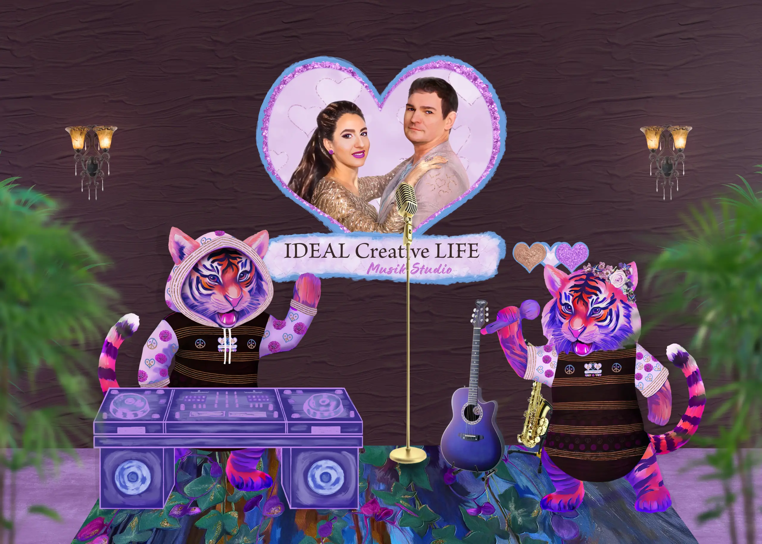 IDEAL Creative LIFE Music Studio Raum mit künstlerischem Interior, Mikrofon, DJ-Setup, Gitarre, Saxophon und Tiger-Totemfiguren als Symbol für Musikproduktion und kreative Performance.