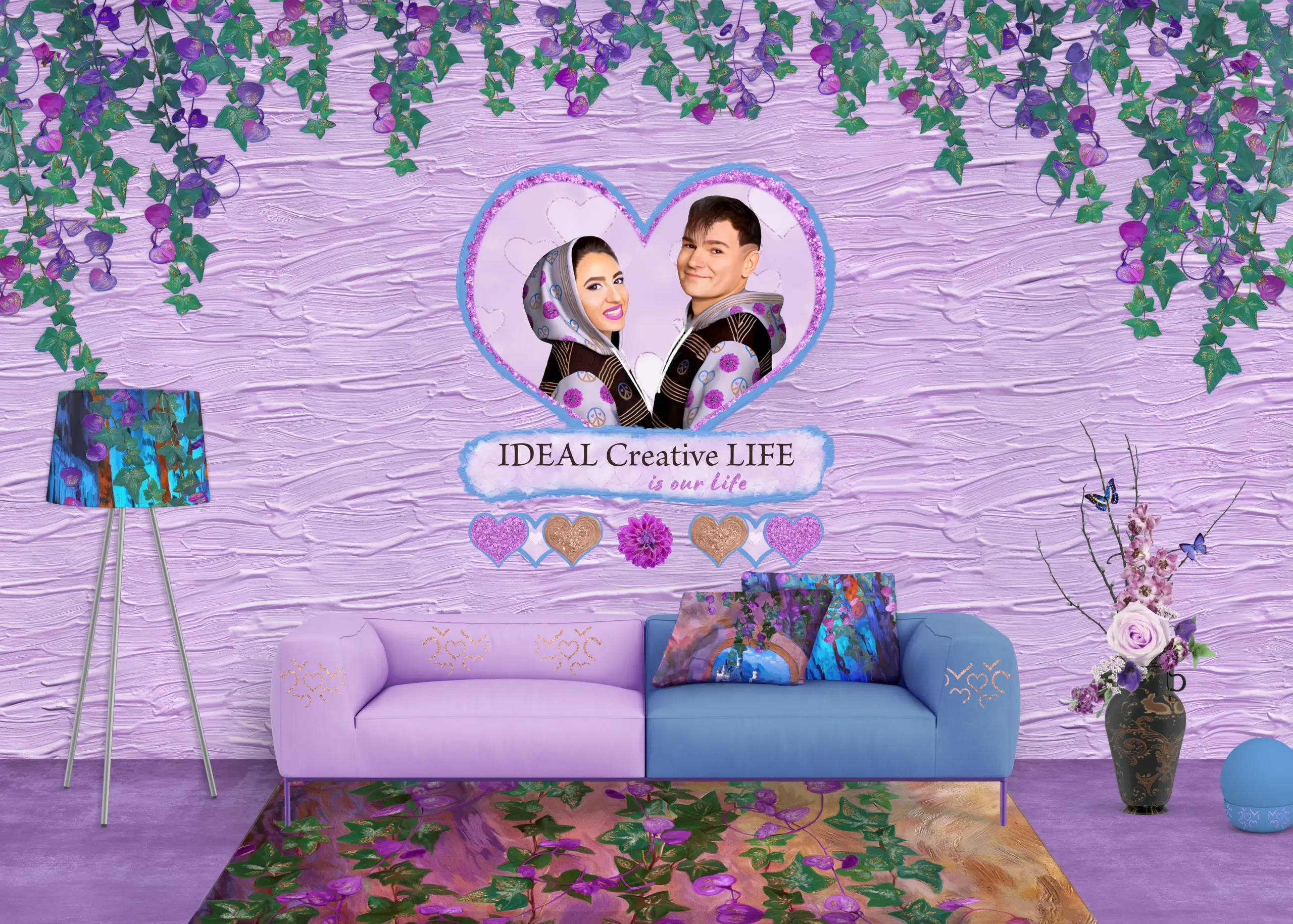 IDEAL Creative LIFE Hauptraum mit künstlerischem Interior, Logo-Wand, dekorativem Sofa und kreativer Lifestyle-Atmosphäre für Branding, Mode, Kunst und Musik.