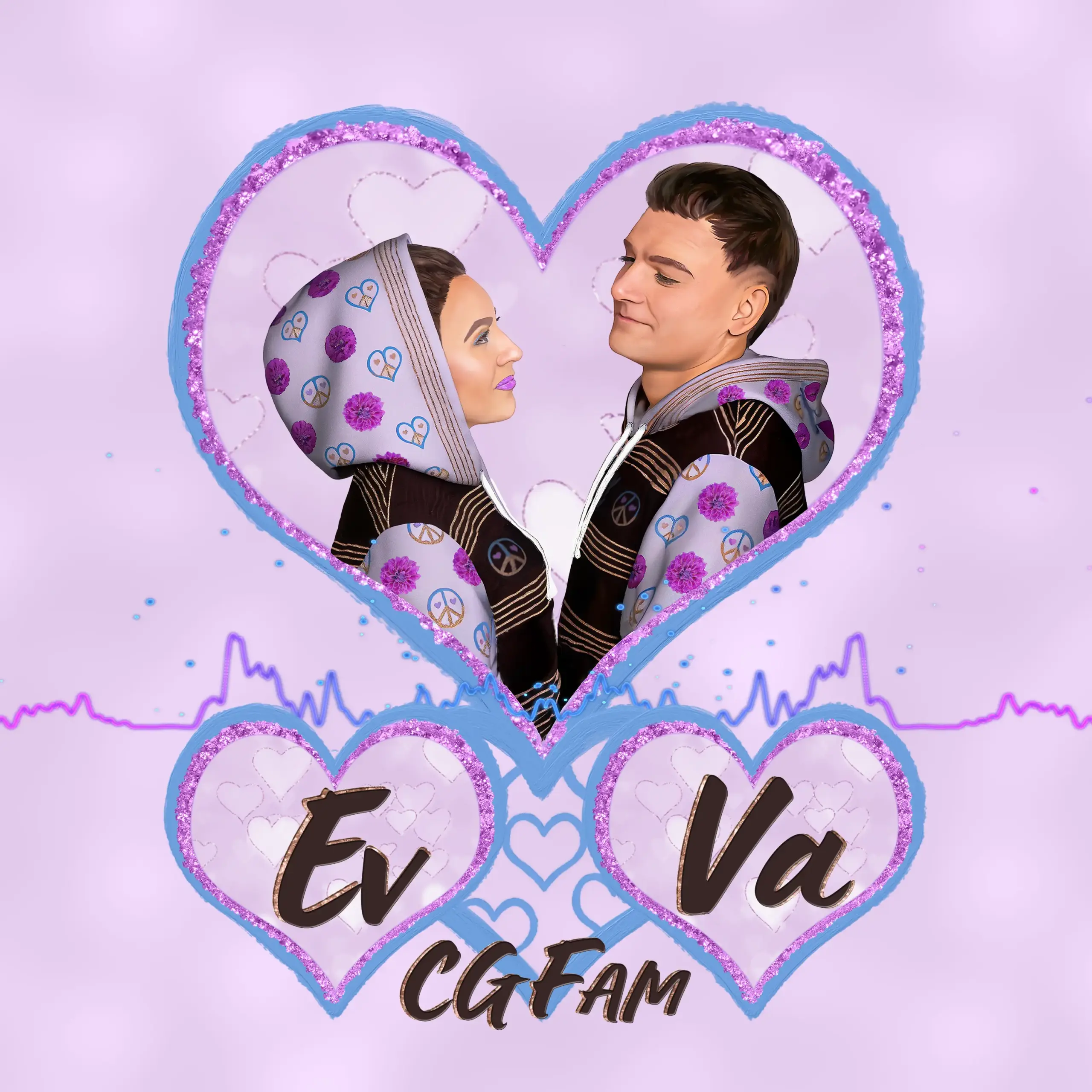 EvVa CGFam logo with a heart-shaped design featuring Evgenia and Valerius, symbolizing love, creative partnership and a fashion, art and music brand.